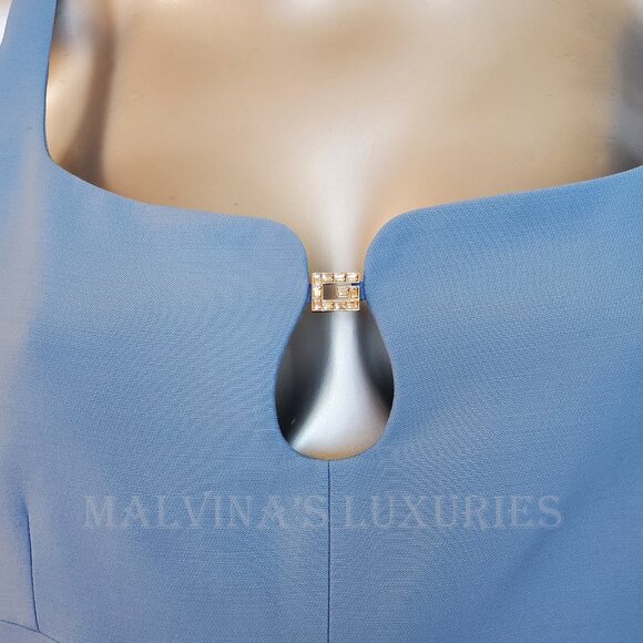 GUCCI DRESS CADY CREPE WOOL SILK SKY BLUE w CRYSTAL G LOGO sz IT 44 US 8 - Picture 6 of 15